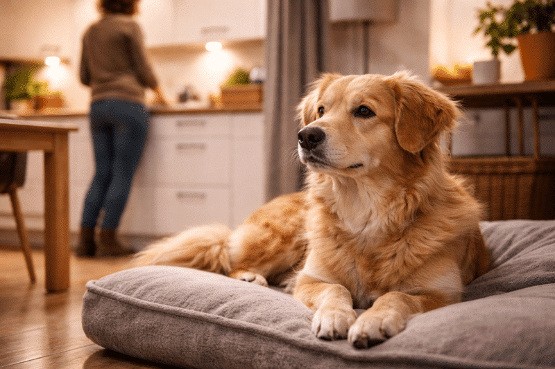 Hund liegt auf seinem Kissen und reguliert sich.