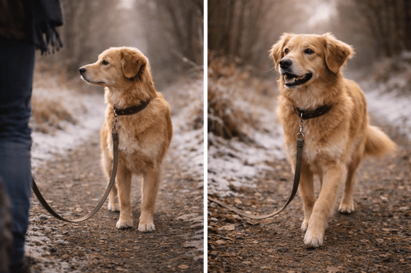 Hund in innerer Anpannung und im Vergleich, mit etwas gelöster Stimmung. Gegenüberstellung.