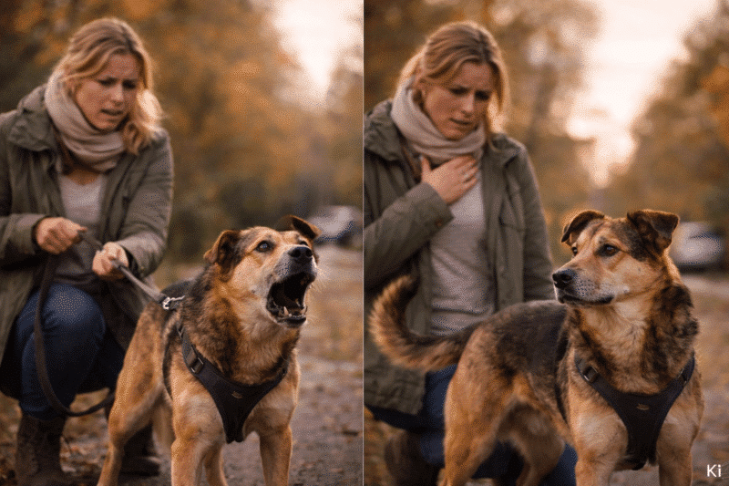 Spaziergang im Herbst. Spannung zwischen Halterin und ihrem Hund.