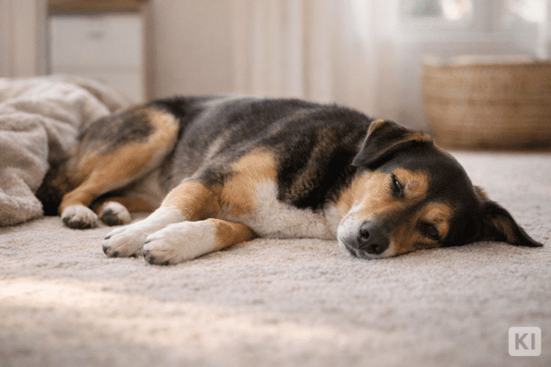 Hund liegt seitlich oder eingerollt entspannt auf Teppich