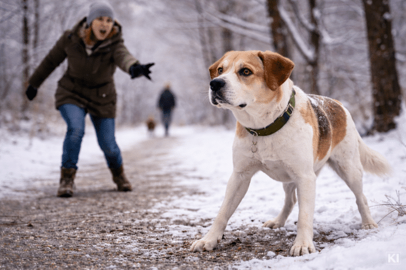 Beagle in Alarmbereitschaft während die Hlaterin versucht, ihn abzurufen.