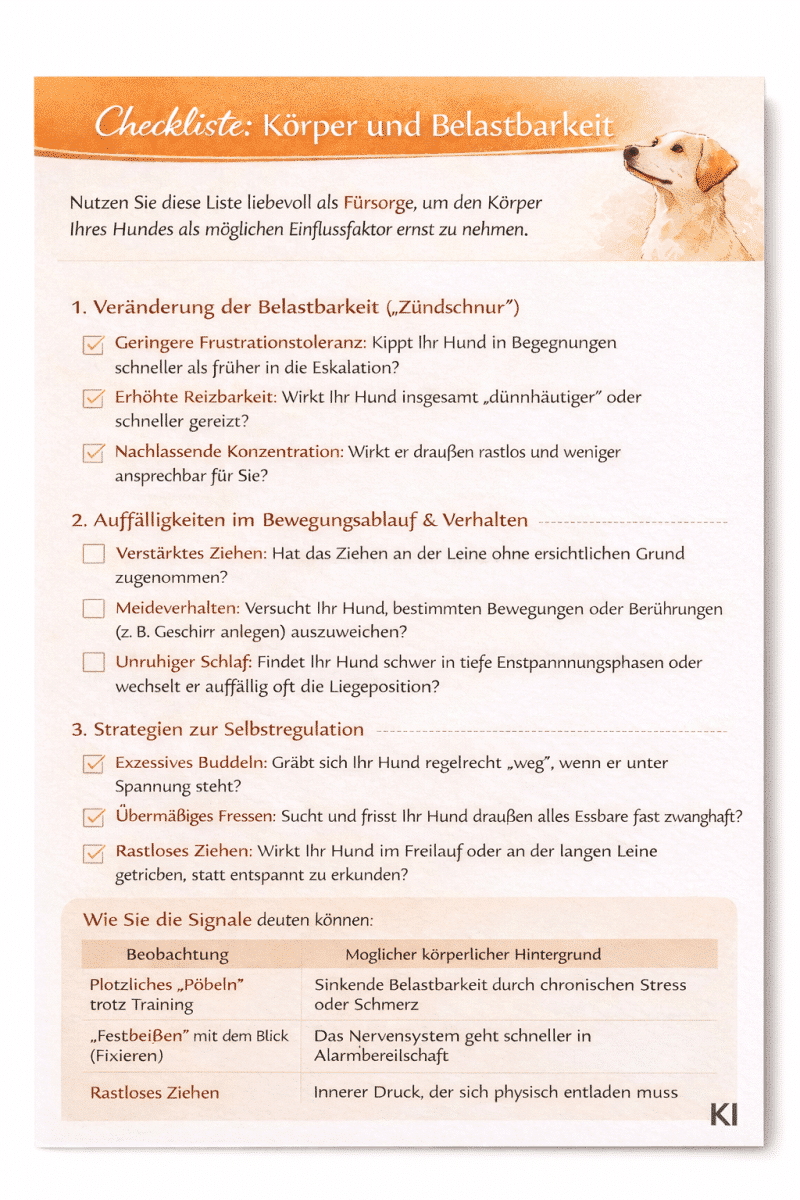 Checkliste zu Körper und Belastbarkeit bei Hunden mit Punkten zu Zündschnur, Bewegungsauffälligkeiten und Selbstregulation sowie Tabelle zur Signaldeutung.