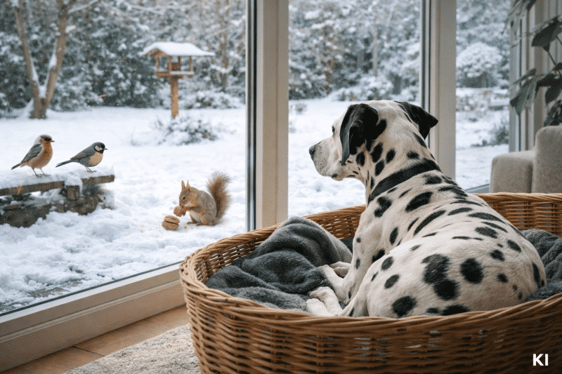 Dalmatiner liegt im Wintergarten und schaut den Tieren draußen zu.
