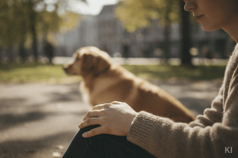 Hundehalterin sitzt erschöpft neben ihrem Hund am Boden.
