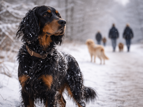 Gordon Setter i einer winterlicghen Landschaft, in sich gekehrt.