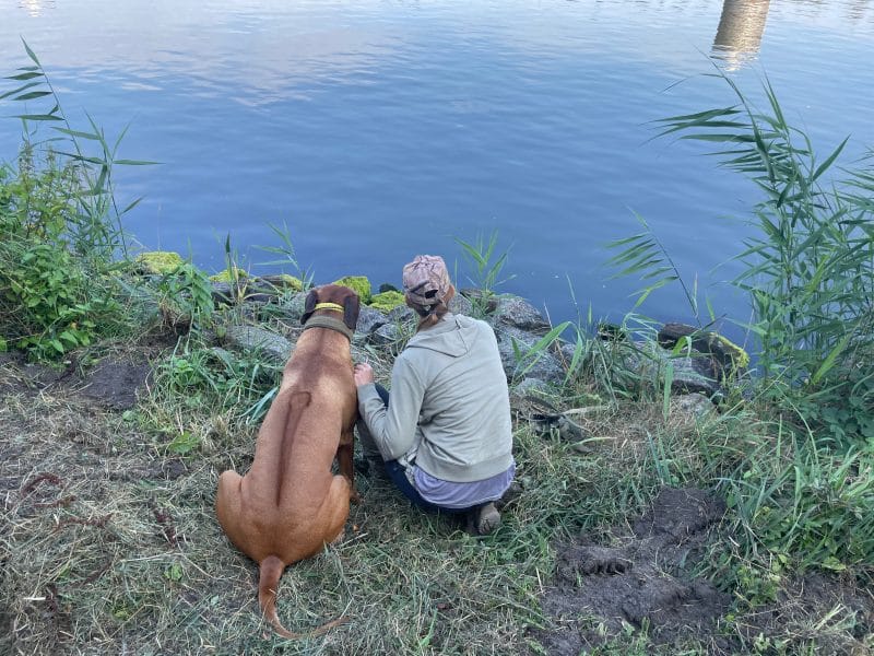 Hund und Halterin schauen entspannt auf Wasser ohne Druck. einfach sein.