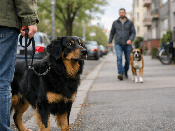 Hundebegegnung an der Leine auf der Straße.