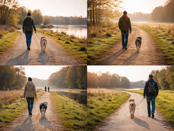 Mensch und Hund gehen ruhig mit Abstand auf einem breiten Weg spazieren