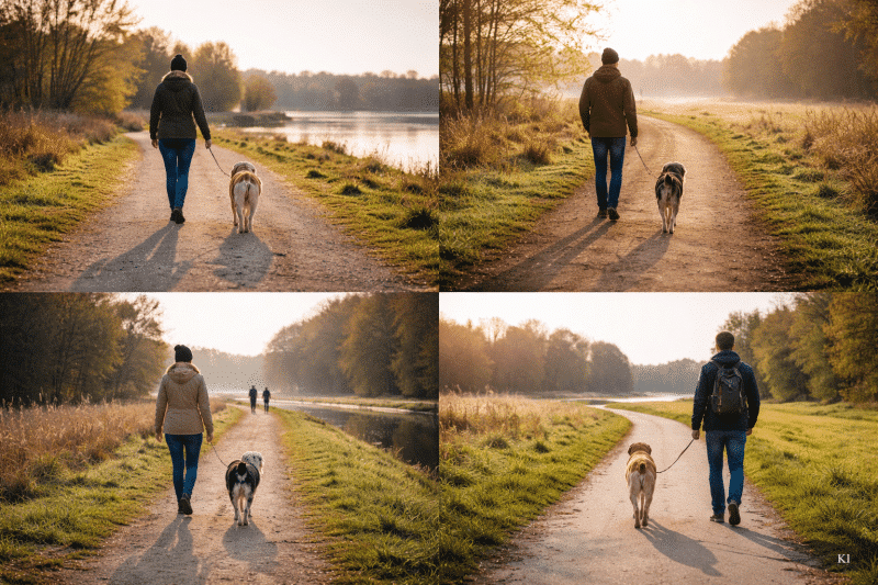 Mensch und Hund gehen ruhig mit Abstand auf einem breiten Weg spazieren