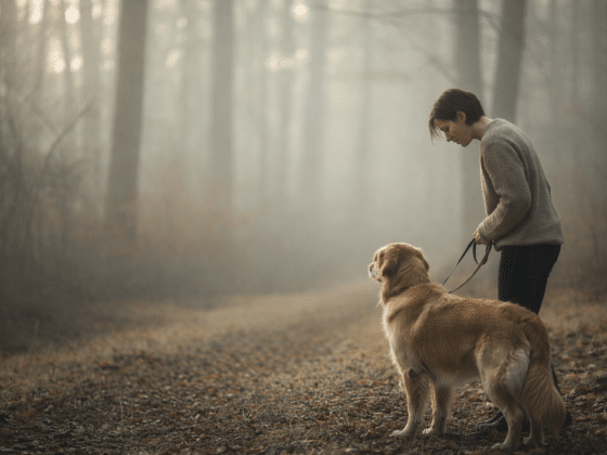 Frau und HUnd im Nebelwald