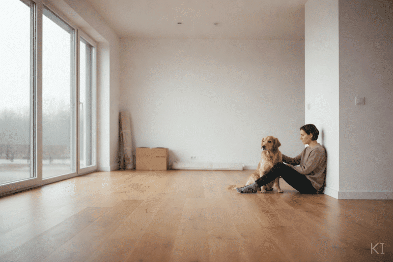 Frau und Hund sitzen in einer leeren Wohnung
