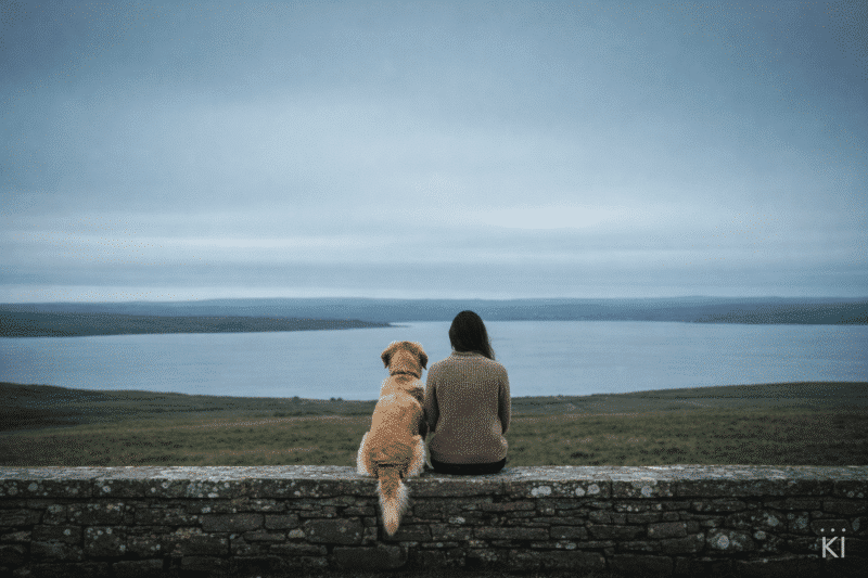 Frau und Hund sitzen am See und schauen darauf.