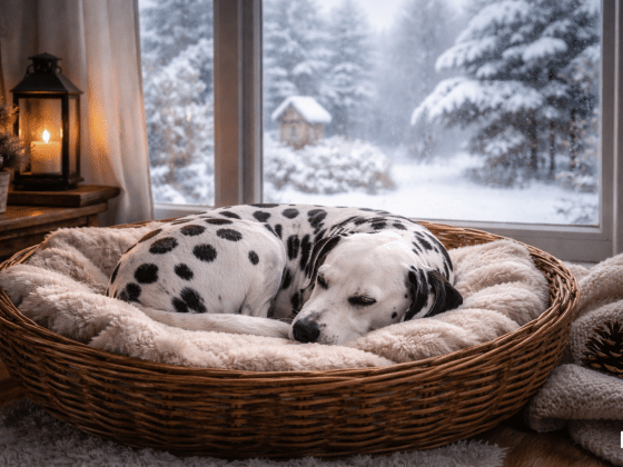 Ein Dalmatiner liegt augenscheinlich entspannt in seinem Korb