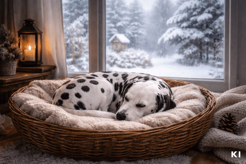 Ein Dalmatiner liegt augenscheinlich entspannt in seinem Korb