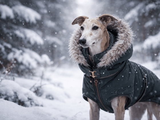 Greyhound im Wintermantel im verschneiten Wald.