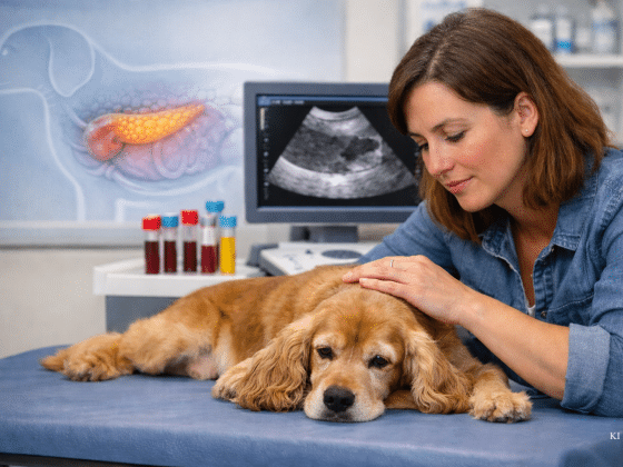 Eine Frau streichelt ihren kranken Hund auf dem Untersuchungstisch beim Tierarzt. Im Hintergrund sind ein Ultraschallbild und Blutproben zu sehen.