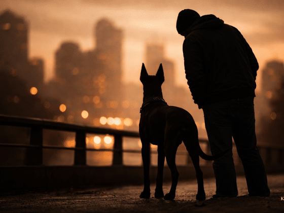 Hund steht neben seinem Menschen in urbaner Umgebung bei Dämmerung, beide schauen in die Stadt, ruhige Szene mit unterschwelliger Anspannung