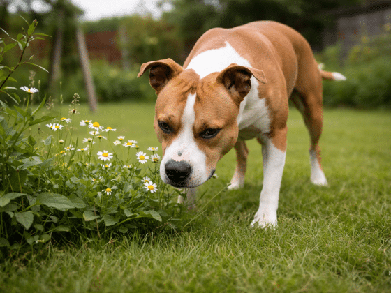 AmStaff im Garten mit Kamille