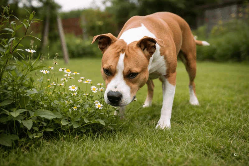 AmStaff im Garten mit Kamille