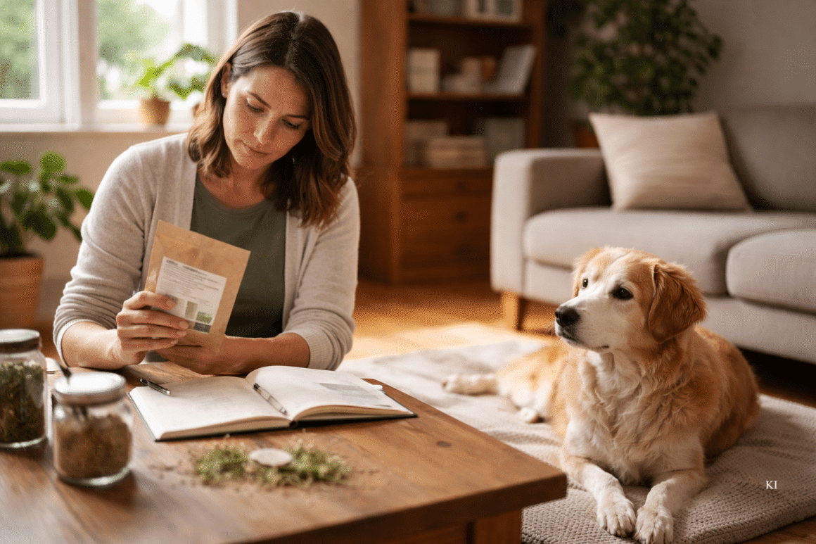 Nachdenkliche Frau mit Hund und Kräuterauswahl