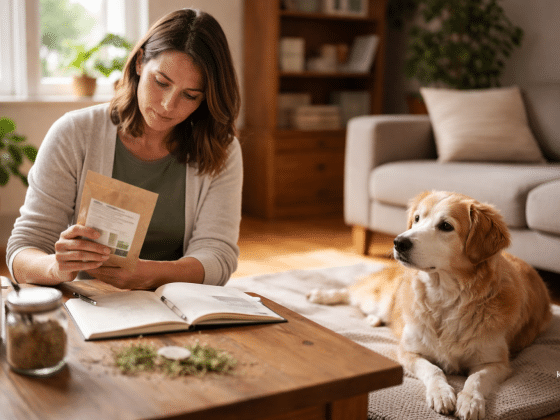 Nachdenkliche Frau mit Hund und Kräuterauswahl