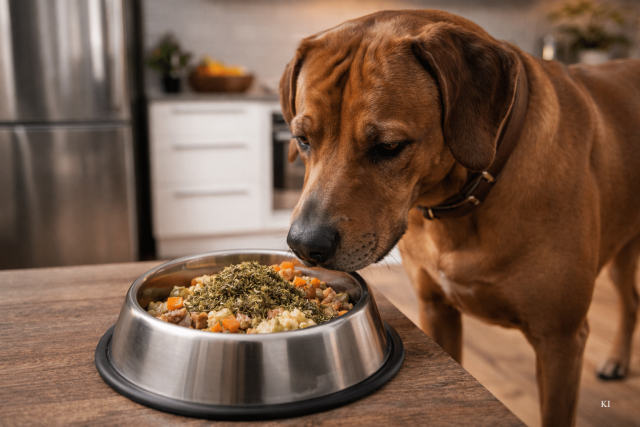 Ein Rhodesian Ridgeback riecht an seiner Futterschüssel mit frischem Fressen und gehacktem Helmkraut als Topping.