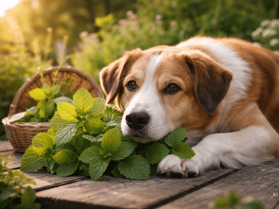 Hund im Garten mit Melisse.