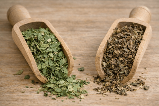 frische und getrocknete Kräuter in Holzlöffeln