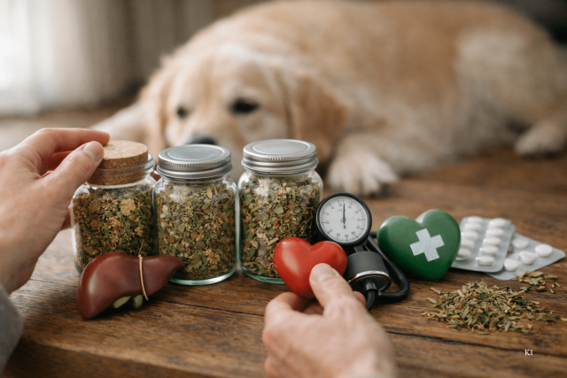 Wechselwirkungen bei Kräutern für Hunde im Kontext von Vorerkrankungen dargestellt durch Kräutergläser, Blutdruckmessgerät und Tabletten neben entspanntem Hund