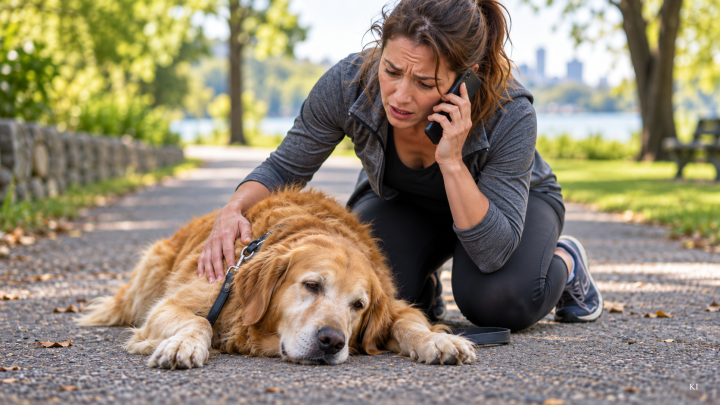 Hundehalterin holt telefonisch Hilfe.
