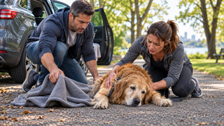 Hilfe kommt und der Hund wird ins Auto getragen.